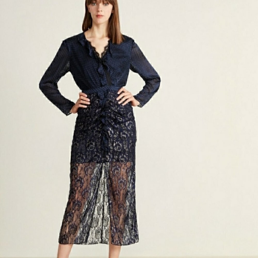 SALONI Yana Navy‎ Ruffle Lace Midi Dress